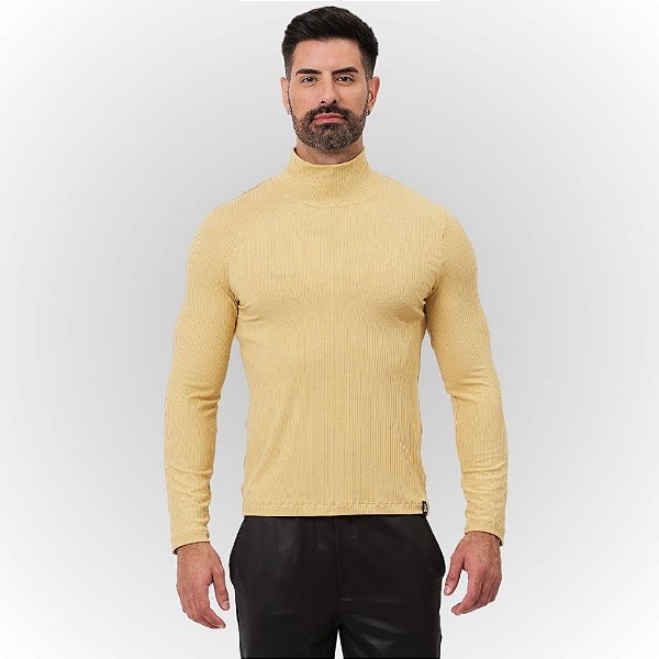 Blusa Canelada Gola Alta Manga Longa Areia