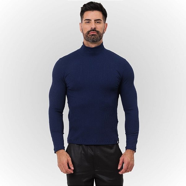 Blusa Canelada Gola Alta Manga Longa Marinho