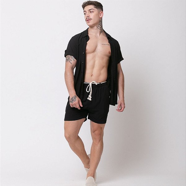 Conjunto Viscolinho Camisa e Bermuda Preto