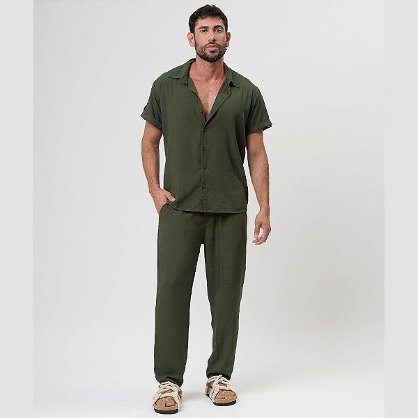 Conjunto Viscolinho Camisa e Calça Verde Musgo