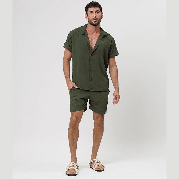 Conjunto Viscolinho Camisa e Bermuda Verde Musgo