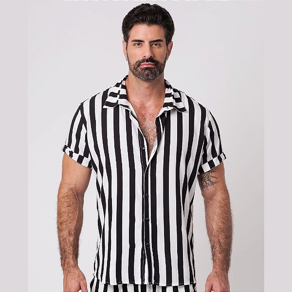 Camisa Viscolinho Listrado Preto