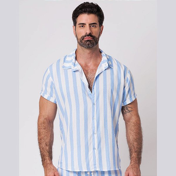 Camisa Viscolinho Listrado Azul