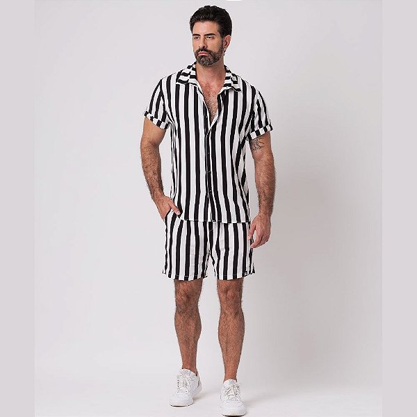 Conjunto Viscolinho Camisa e Bermuda Listrado Preto