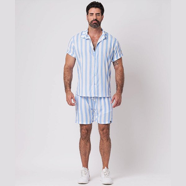 Conjunto Viscolinho Camisa e Bermuda Listrado Azul