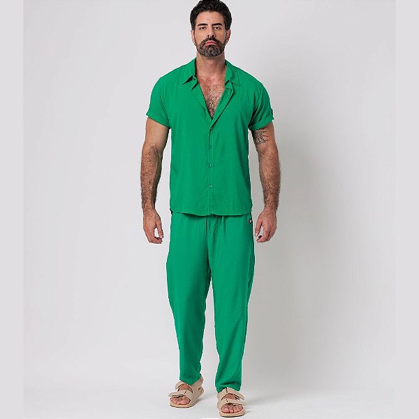 Conjunto Viscolinho Camisa e Calça Verde Bandeira