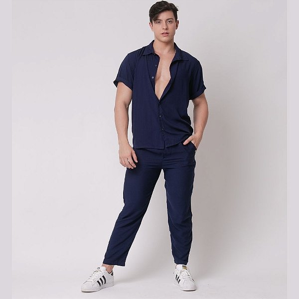 Conjunto Viscolinho Camisa e Calça Azul Escuro