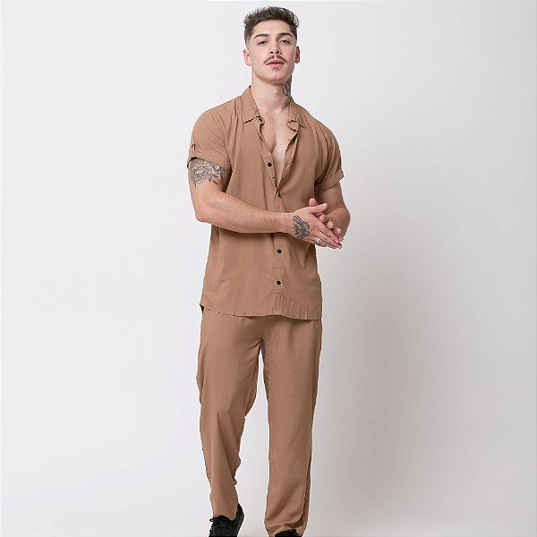 Conjunto Viscolinho Camisa e Calça Marrom