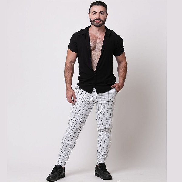 Calça Ponto Roma Xadrez Branco