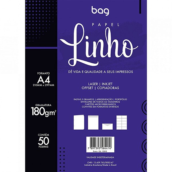 Papel A4 180g C/50f Linho Branco - Bahia Artes