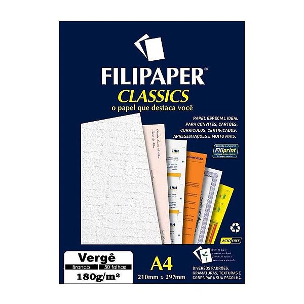 Papel Verge A4 180g 50f Branco - Filipaper