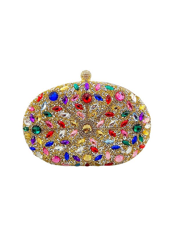 Seu Sapato -  Bolsa Festa Clutch Pedras Coloridas Gold