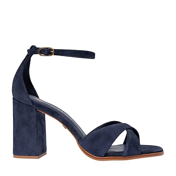 Carrano - Sandália Tiras Cruzadas Salto Bloco Couro Suede Azul Navy