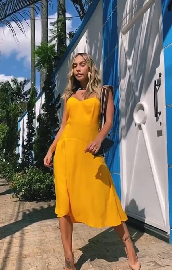 Vestido Midi Alça Amarelo Salgunamu - SB Store Moda e Acessórios