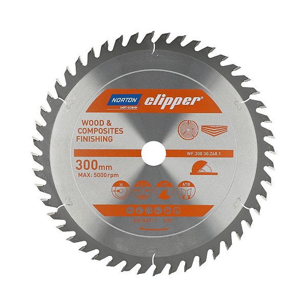 Caixa com 1 Disco de Serra para cortar Madeira e Compósitos Norton Clipper de 300mm com 48 dentes