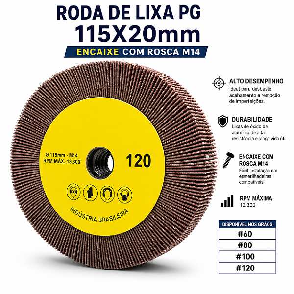 Roda de Lixa Flap PG Polikontour PK com Rosca M14 Óxido de Alumínio Grão 180 - 115 x 20 mm