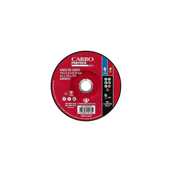 Caixa com 25 Disco de Corte com Depressão T42 Carbo Premier Red para Aço 115 x 3,0 x 22,23 mm