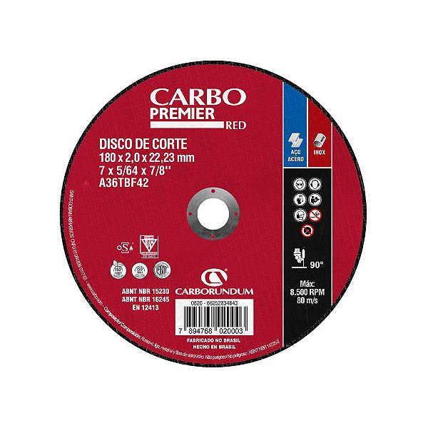 Caixa com 25 Disco de Corte com Depressão T42 Carbo Premier Red para Aço 180 x 2,0 x 22,23 mm