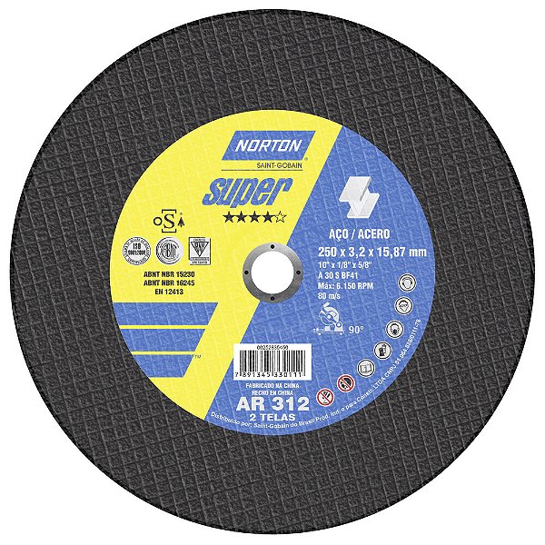 Caixa com 10 Disco de Corte Super Aços AR312 250 x 3,2 x 15,87 mm