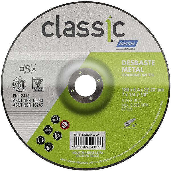 Caixa com 10 Disco de Desbaste Classic Basic BDA600 180 x 6,4 x 22,23 mm