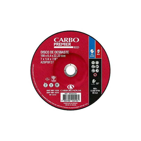Caixa com 10 Disco de Desbaste T27 Carbo Premier Red para Aço 180 x 6,4 x 22,23 mm