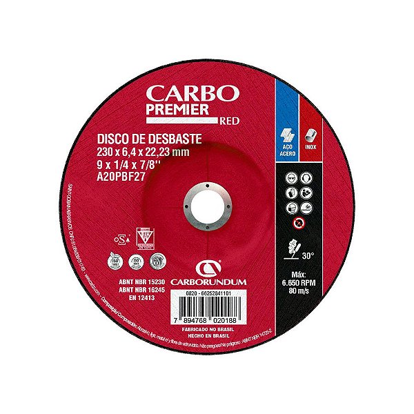 Caixa com 10 Disco de Desbaste T27 Carbo Premier Red para Aço 230 x 6,4 x 22,23 mm