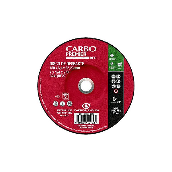 Caixa com 10 Disco de Desbaste T27 Carbo Premier Red para Não Ferrosos 180 x 6,4 x 22,23 mm