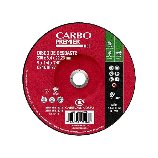 Caixa com 10 Disco de Desbaste T27 Carbo Premier Red para Não Ferrosos 230 x 6,4 x 22,23 mm