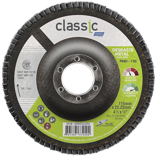 Caixa com 10 Disco Flap Classic Basic R801 Grão 120 115 x 22,23 mm