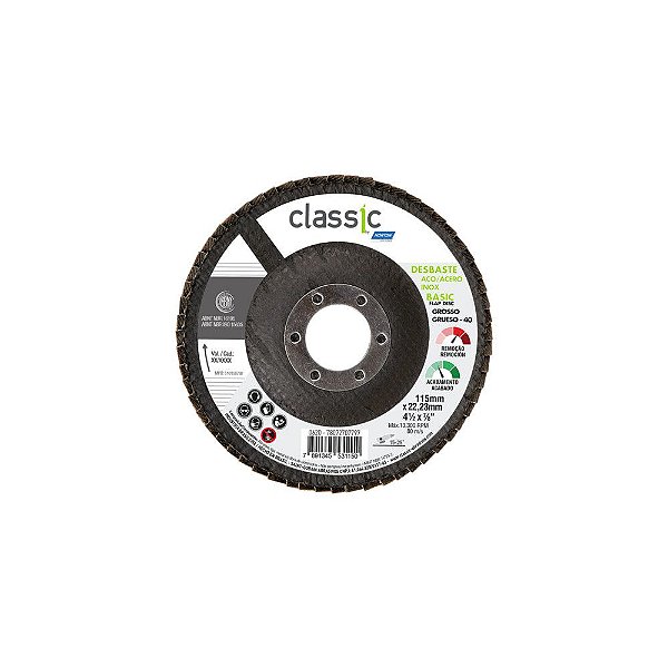 Caixa com 10 Disco Flap Classic Basic Fibra Grão 40 115 x 22,23 mm