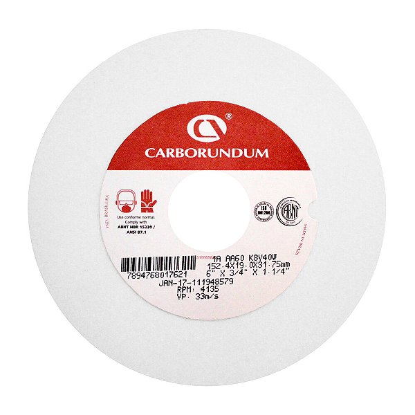 Caixa com 1 Rebolo Ferramentaria Óxido de Alumínio Branco Reto 355,6 x 25,4 x 127,00 mm 1A AA60 K8V40W