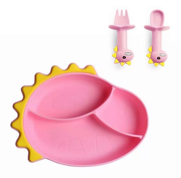 Kit Prato Dino de silicone com talheres e sucção