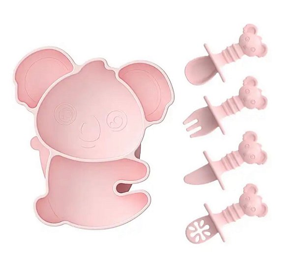 Prato Coala de Silicone com talheres e sucção