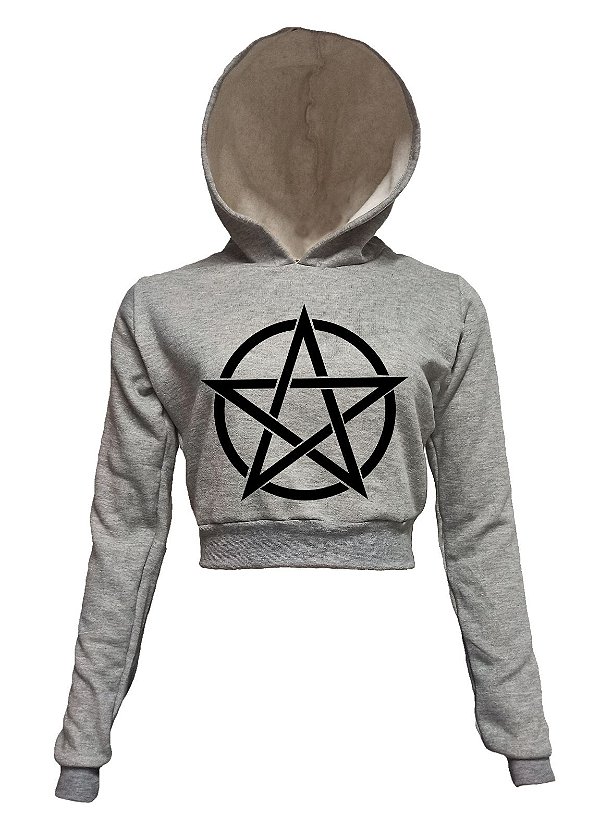 Pentagrama - Cropped Moletom Cinza Mescla Com Capuz
