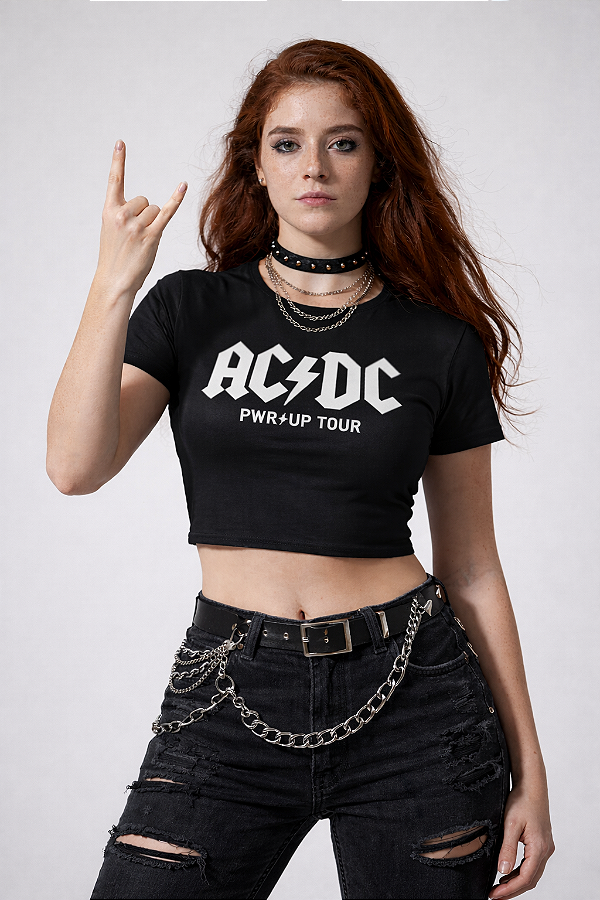 Blusa Cropped Feminina ACDC Power Up Tour 2026 Rock Algodão Preta