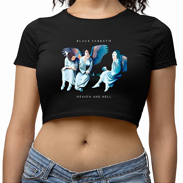 Cropped Black Sabbath Heaven and Hell Blusa Algodão Manga Curta Preta