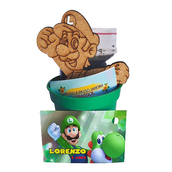 AL348 - Lembrancinha Cultivo com Mini Vaso e Aplique Personalizado MDF - Luigi (Super Mario)
