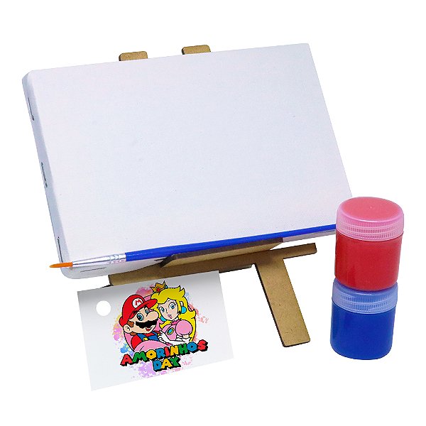 AL019 - Lembrancinha para Pintar com Cavalete, Tintas e Pincel - Tema Super Mário