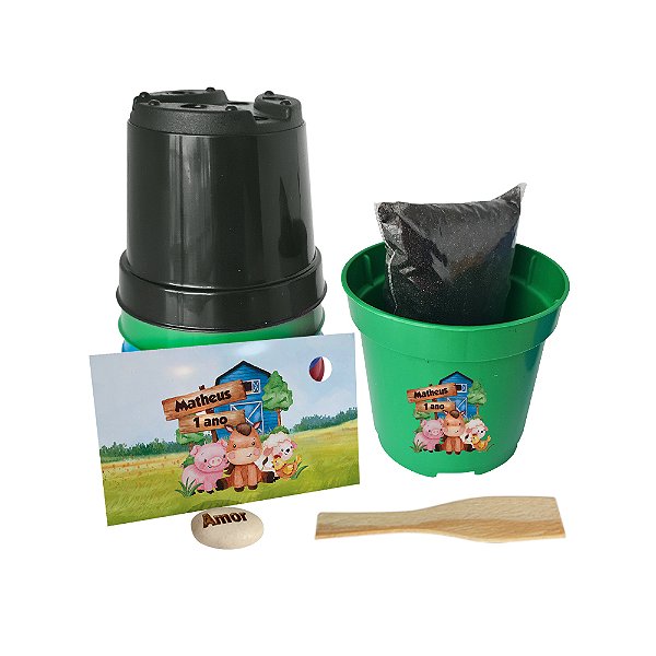 AL150 - Lembrancinha para Plantar Mini Vaso com Personalização e Semente Gravada - Tema Fazendinha