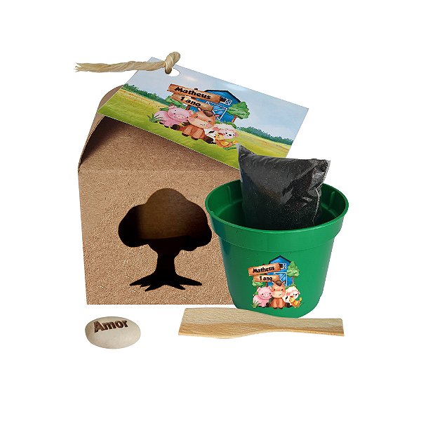 AL146 - Lembrancinha Kraft com Vaso Personalizado e Semente Gravada - Fazendinha