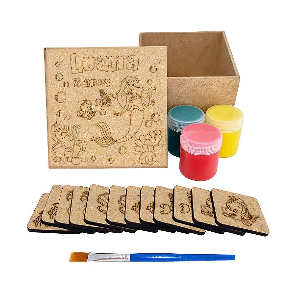 AL333 - Lembrancinha Kit Jogo da Memória mdf com Tinta e Pincel - Tema A Pequena Sereia