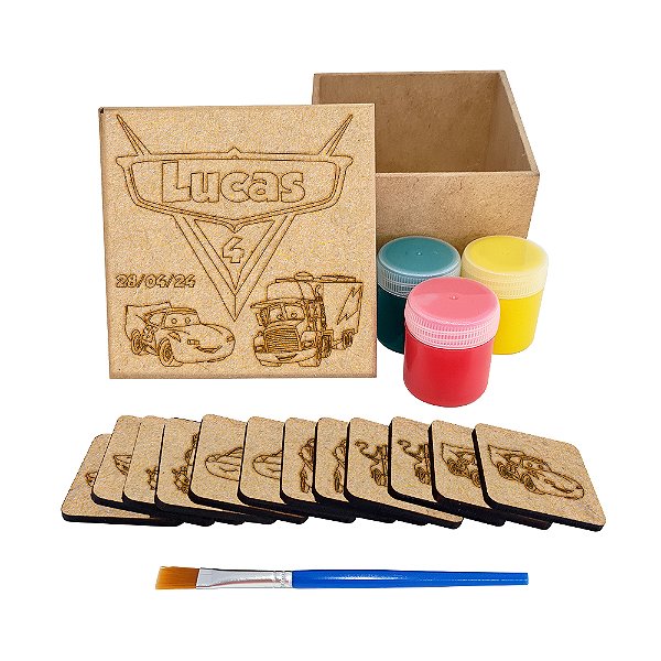 AL333 - Lembrancinha Kit Jogo da Memória mdf com Tinta e Pincel - Tema Carros Disney