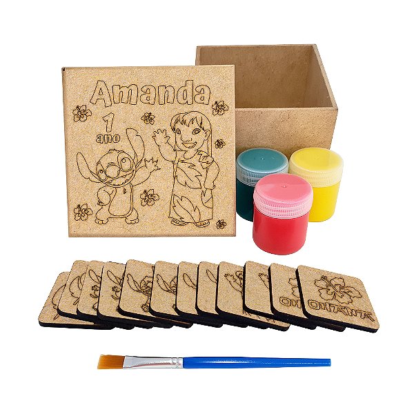 AL333 - Lembrancinha Kit Jogo da Memória mdf com Tinta e Pincel - Tema Lilo e Stitch