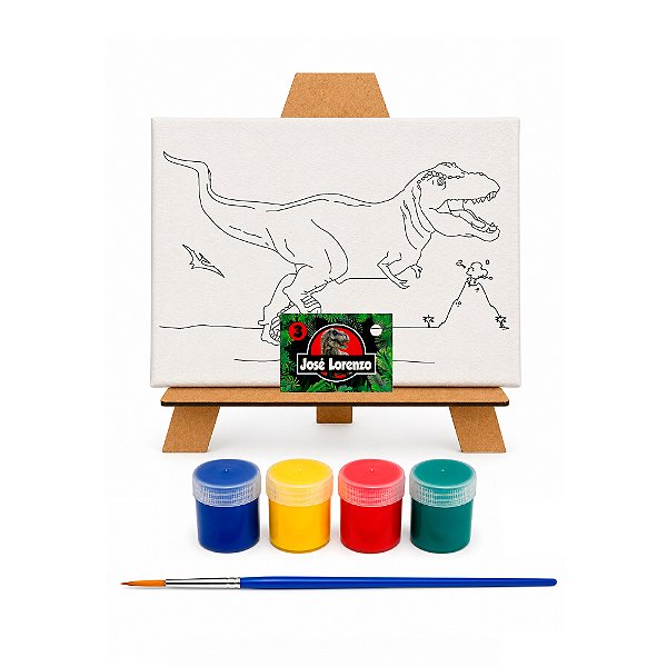 AL134 - Kit Pintura com Tela 20 x 15, Cavalete mdf, 4 Tintas e Pincel - Tema Dinossauro