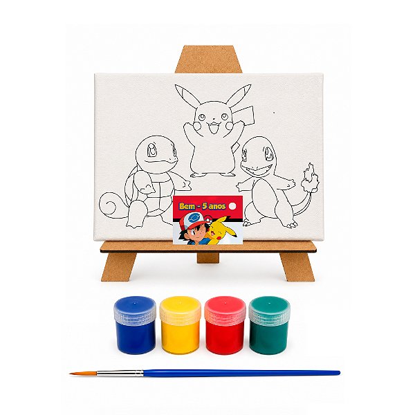 AL134 - Kit Pintura com Tela 20 x 15, Cavalete mdf, 4 Tintas e Pincel - Tema Pokémon
