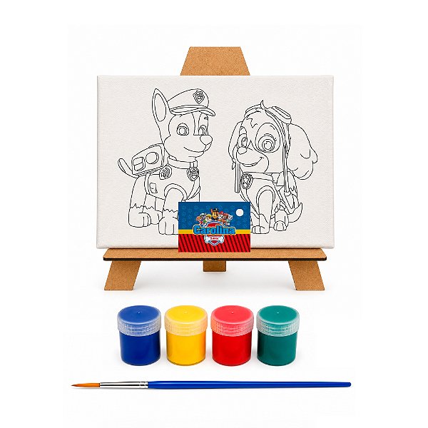 AL134 - Kit Pintura com Tela 20 x 15, Cavalete mdf, 4 Tintas e Pincel - Tema Patrulha Canina