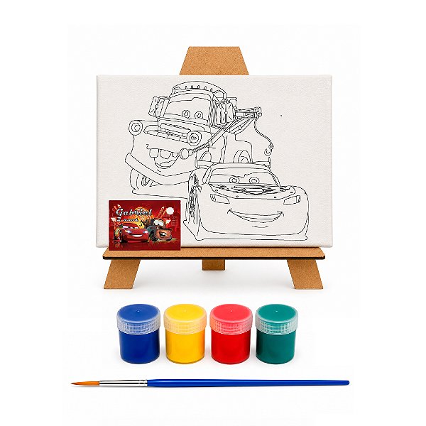 AL134 - Kit Pintura com Tela 20 x 15, Cavalete mdf, 4 Tintas e Pincel - Tema Carros Disney