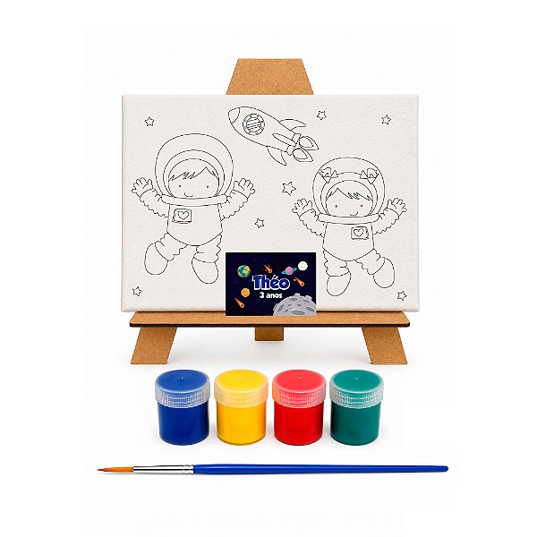 AL134 - Kit Pintura com Tela 20 x 15, Cavalete mdf, 4 Tintas e Pincel - Tema Astronauta