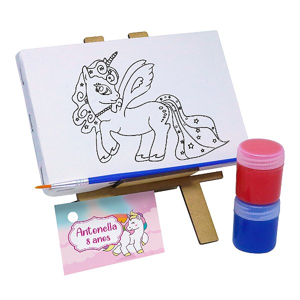 AL103 - Lembrancinha Kit Pintura Cavalete com Tela Gravada - Tema Unicórnios