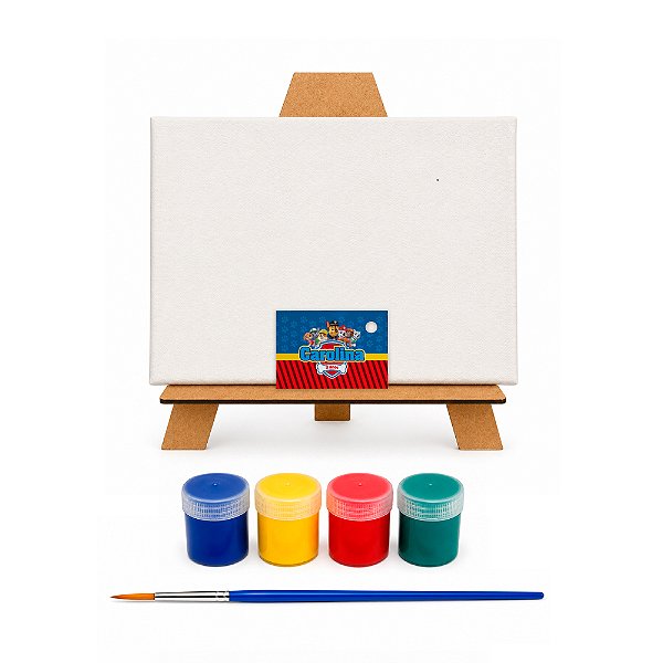 AL135 - Kit Pintura com Tela 20 x 15, Cavalete mdf, 4 Tintas e Pincel - Tema Patrulha Canina